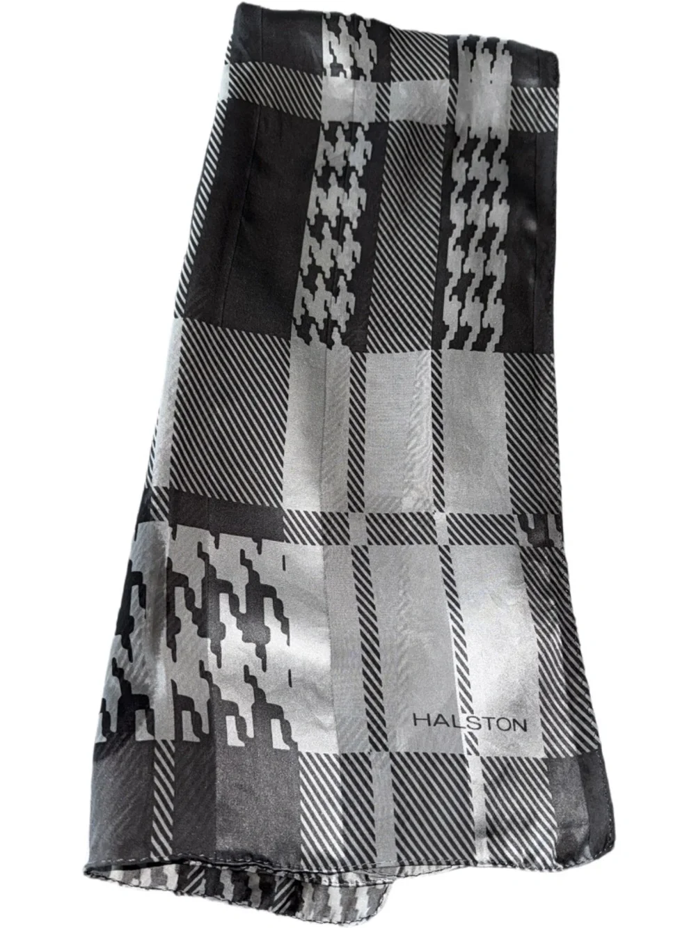 Silk Halston Heritage Black & Gray Plaid Silk Scarf